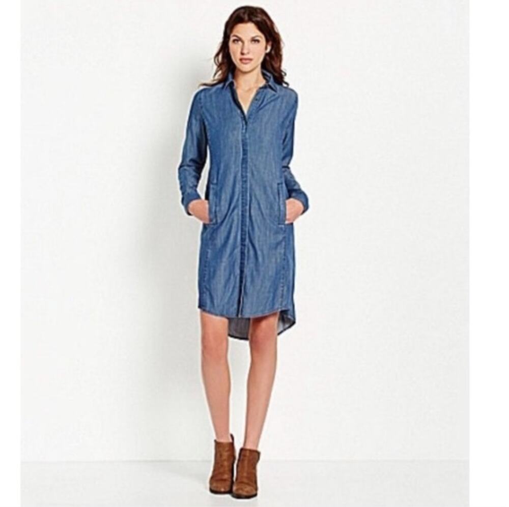 Eileen Fisher Western Dress XS Tencel Cotton Button Blue Denim Chambray Casual